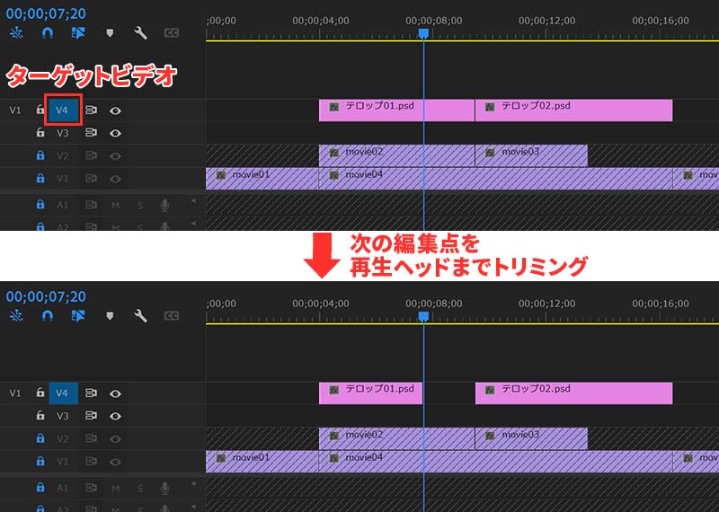 次の編集点を再生ヘッドまでトリミング