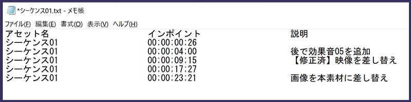 テキストデータで書き出されたマーカーの情報