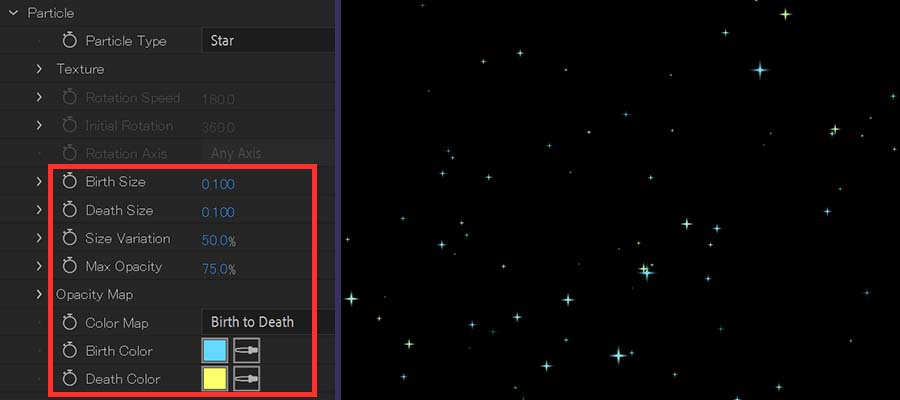 CC Particle Worldのサイズと色を調節